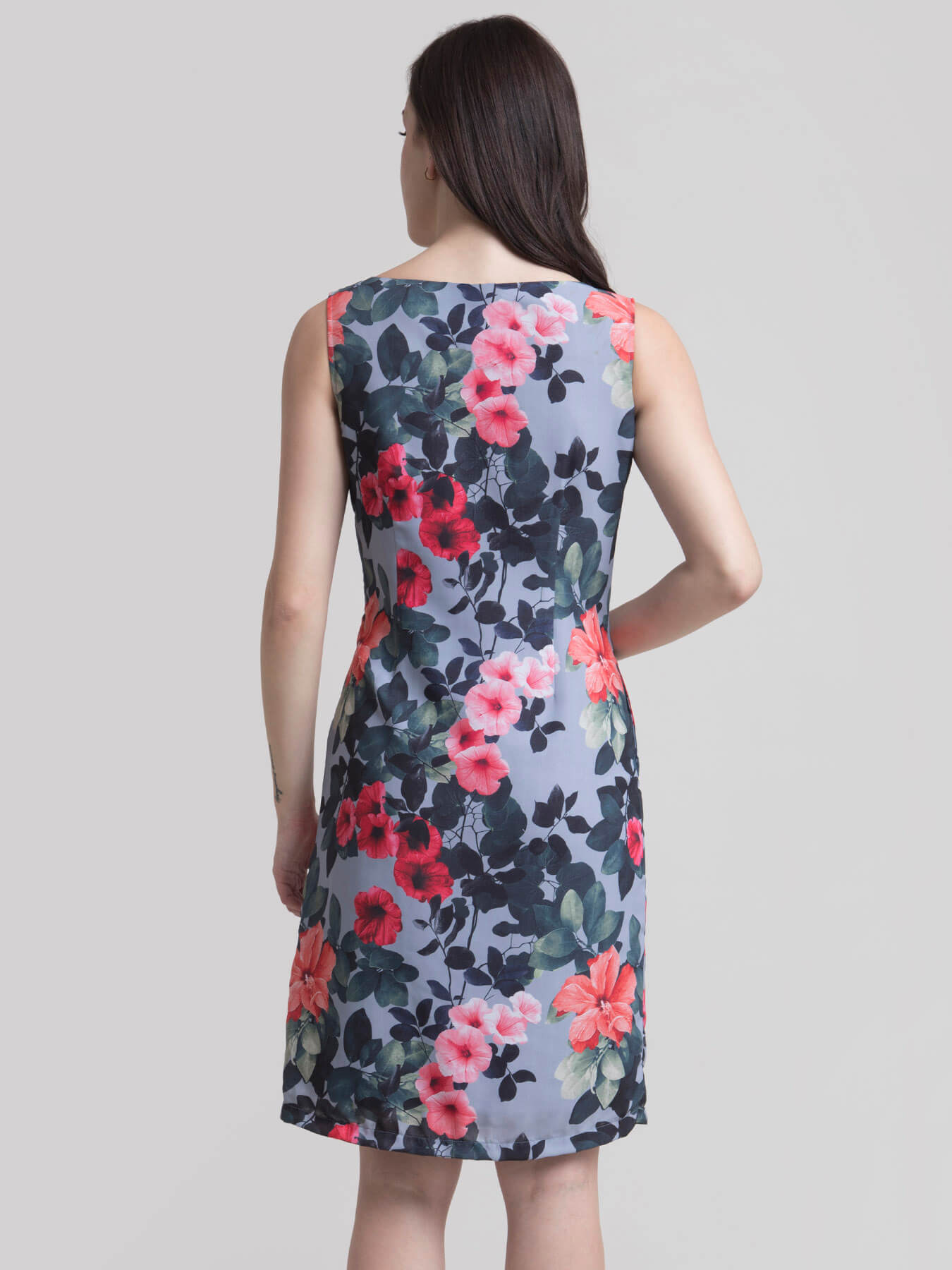 Boat Neck Floral Shift Dress - Grey and Red| Formal Dresses