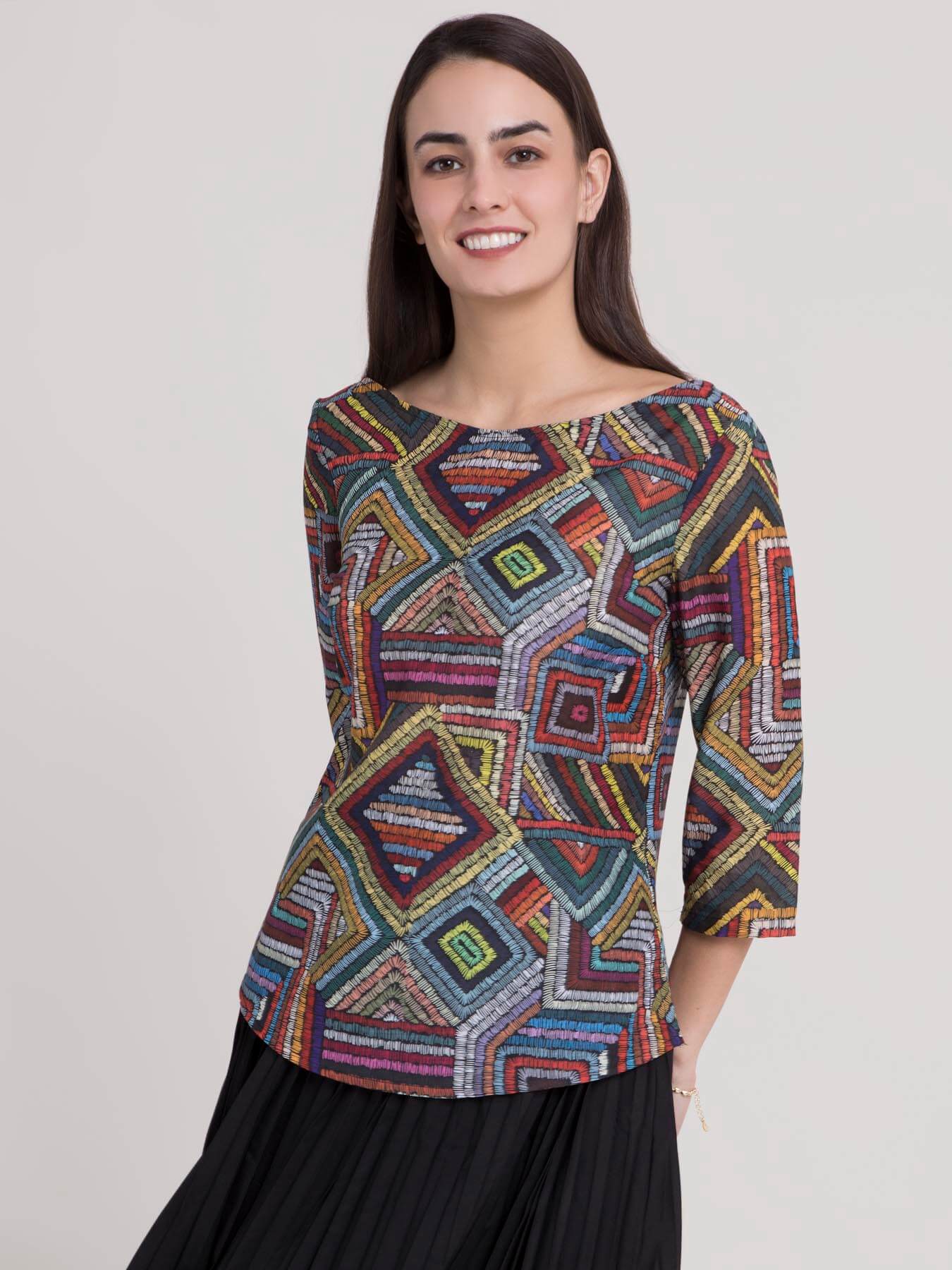 Boat Neck Geometric Print Top - Multicolour