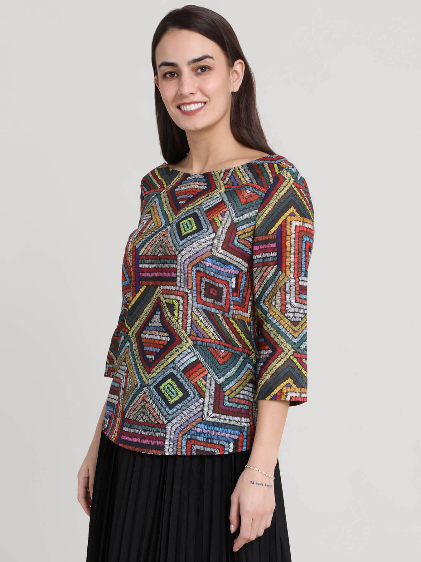 Boat Neck Geometric Print Top - Multicolour