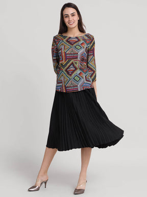 Boat Neck Geometric Print Top - Multicolour