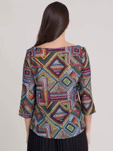 Boat Neck Geometric Print Top - Multicolour