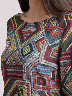 Boat Neck Geometric Print Top - Multicolour