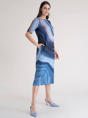 Boat Neck Marble Print Shift Dress - Blue and White