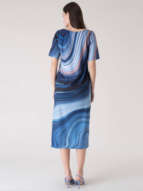 Boat Neck Marble Print Shift Dress - Blue and White