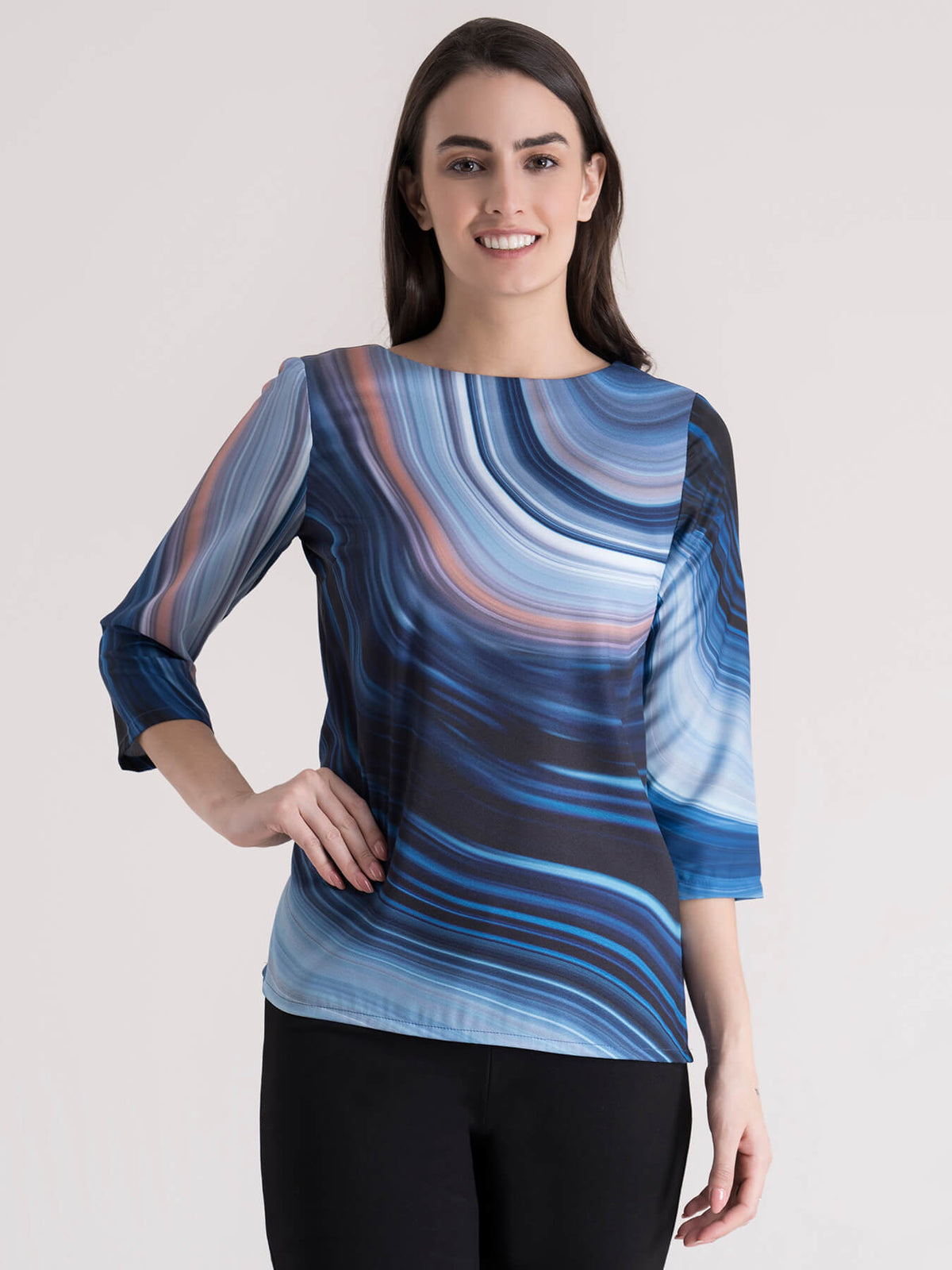 Boat Neck Marble Print Top - Blue