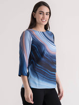 Boat Neck Marble Print Top - Blue