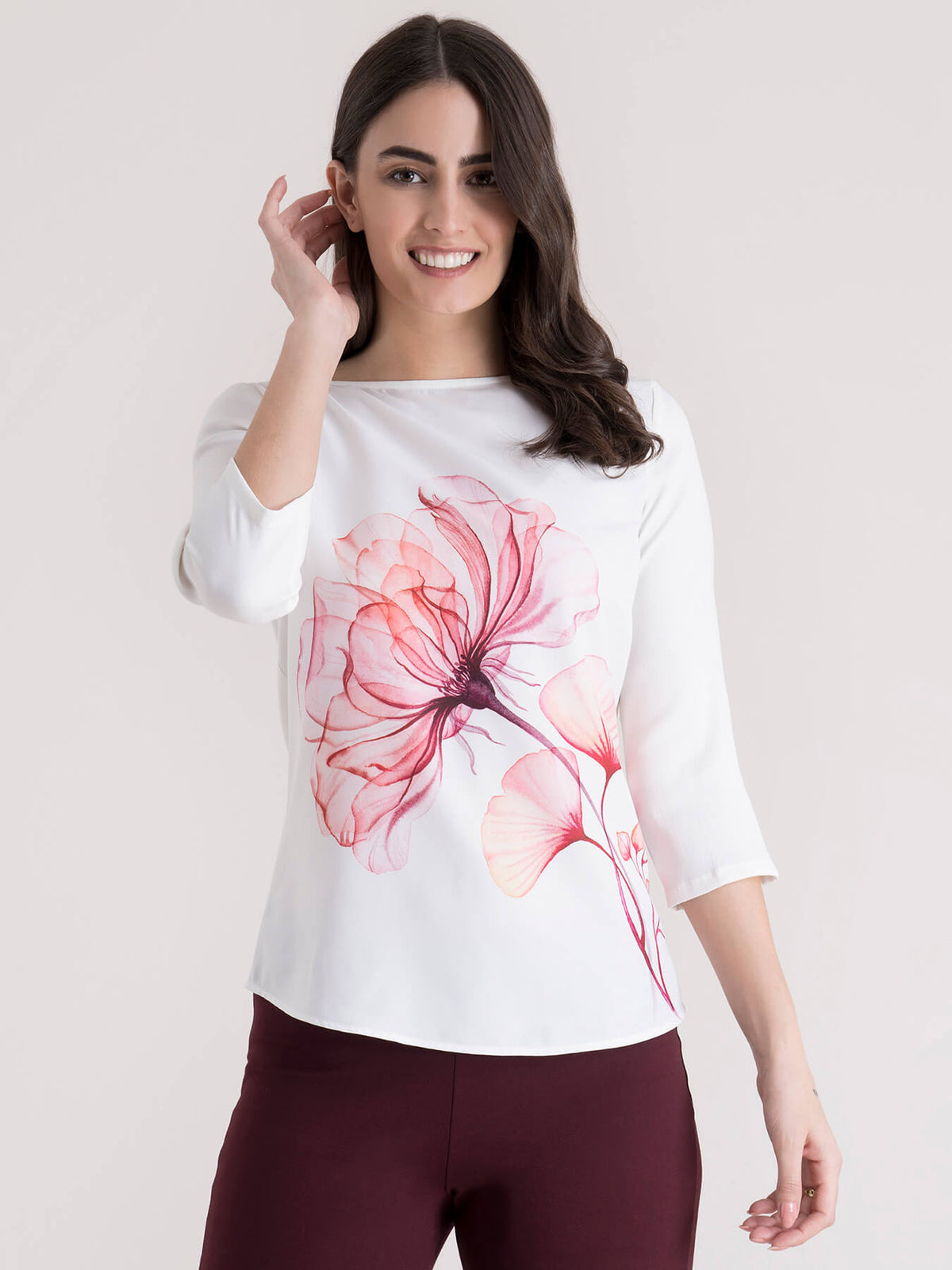 Boat Neck Placement Print Top - White and Pink