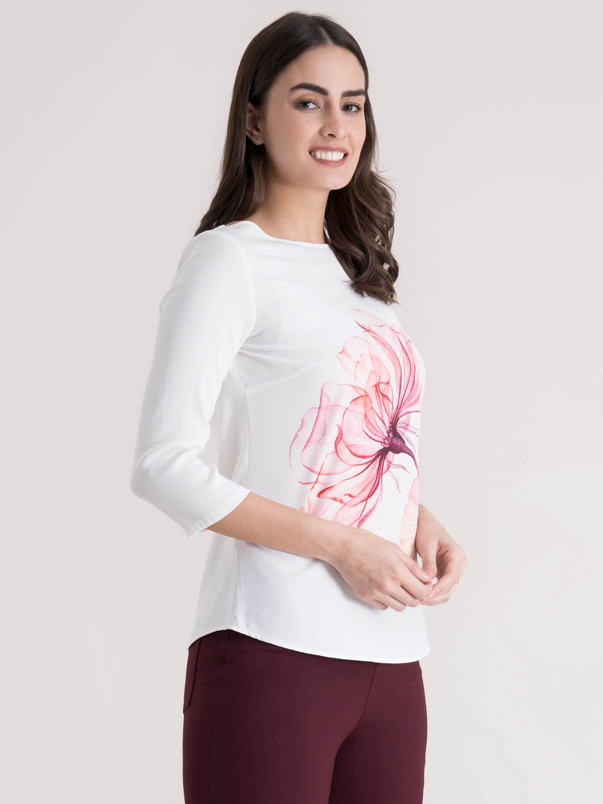 Boat Neck Placement Print Top - White and Pink