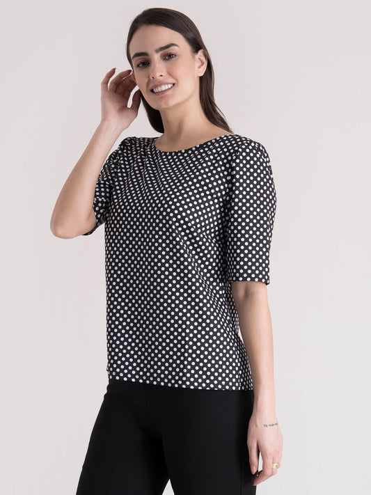 Boat Neck Polka Print Top - Black and White