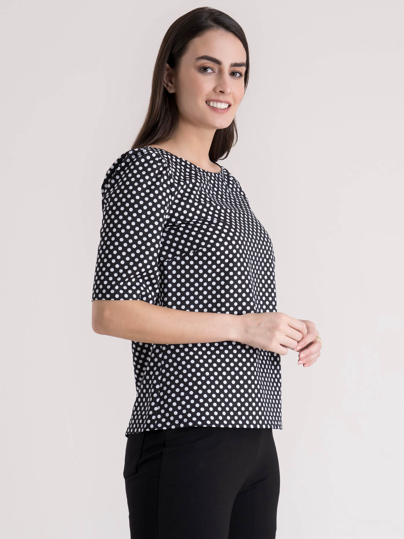 Boat Neck Polka Print Top - Black and White