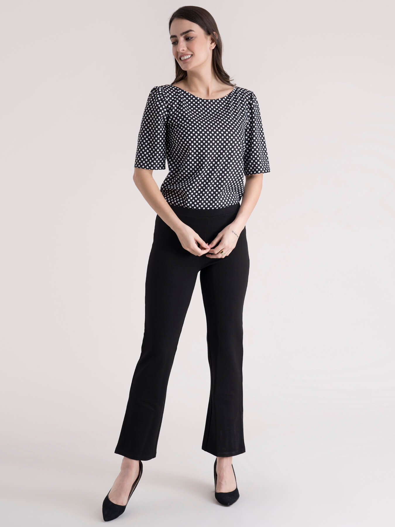 Boat Neck Polka Print Top - Black and White