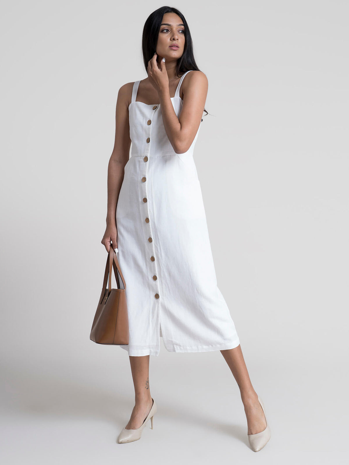 Button-Down Strap Midi Dress - White