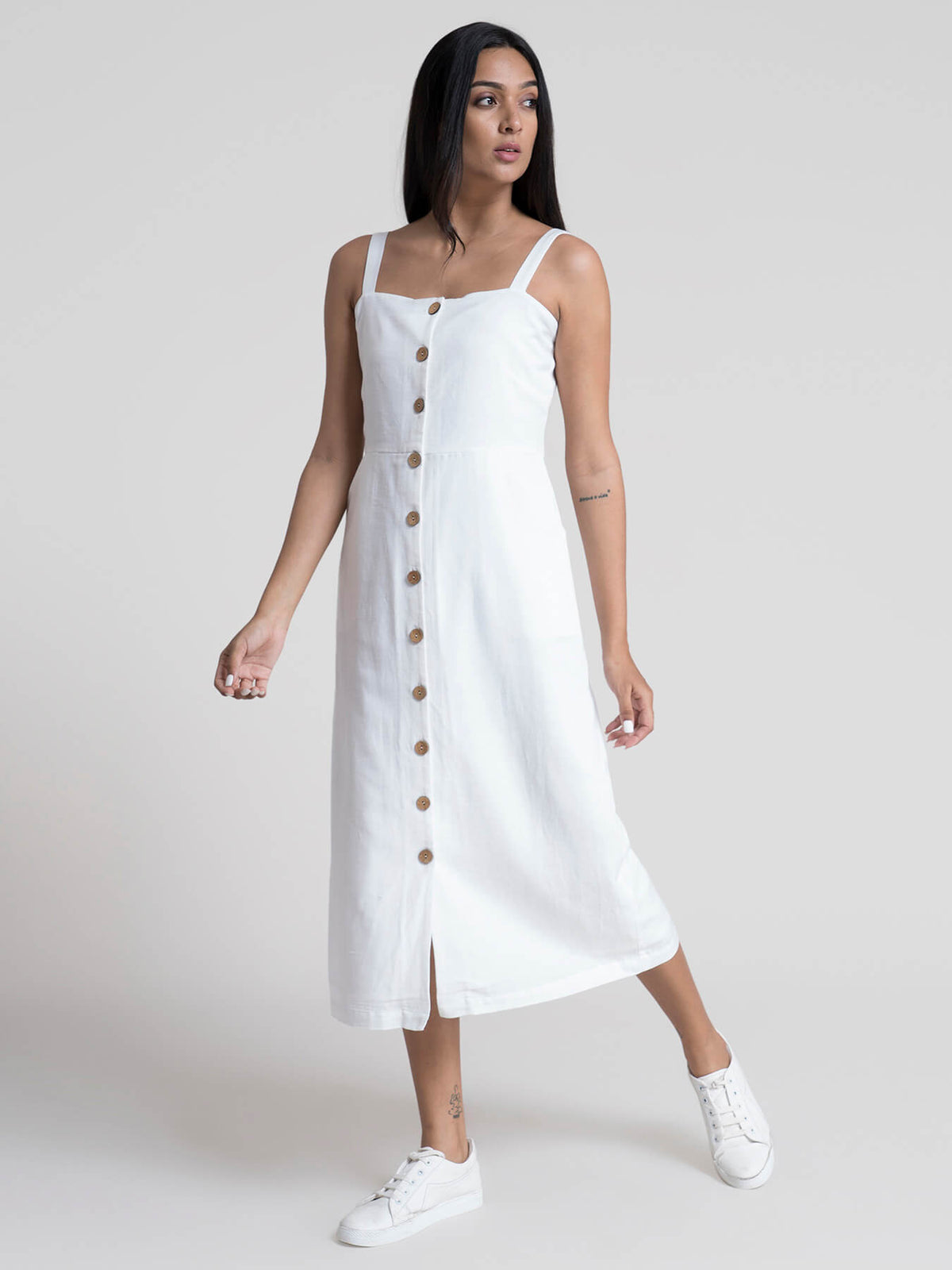 Button-Down Strap Midi Dress - White