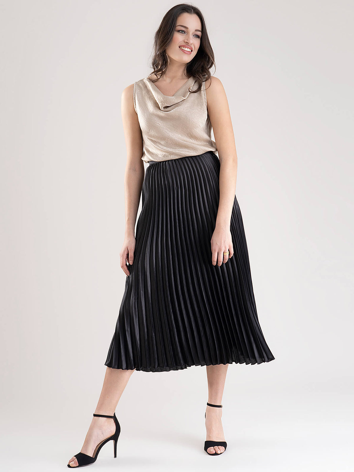 Satin Cowl Neck Top And Pleated Satin Skirt Co-ord - Beige And Black
