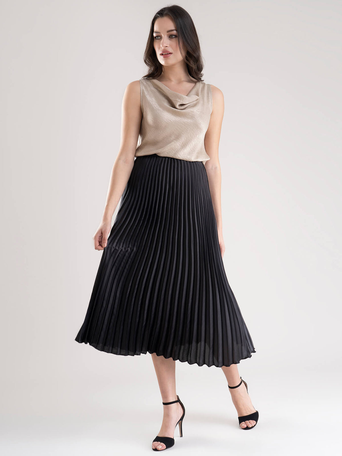 Satin Cowl Neck Top And Pleated Satin Skirt Co-ord - Beige And Black