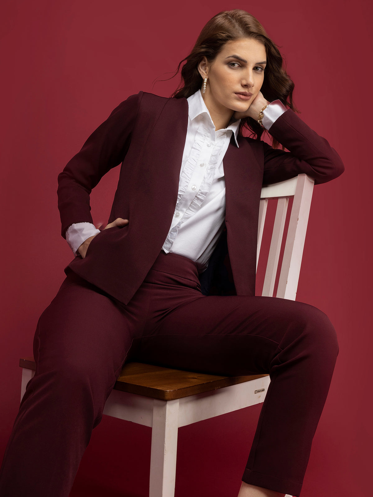 Blazer And Straight Fit Trousers Co-ord - Maroon