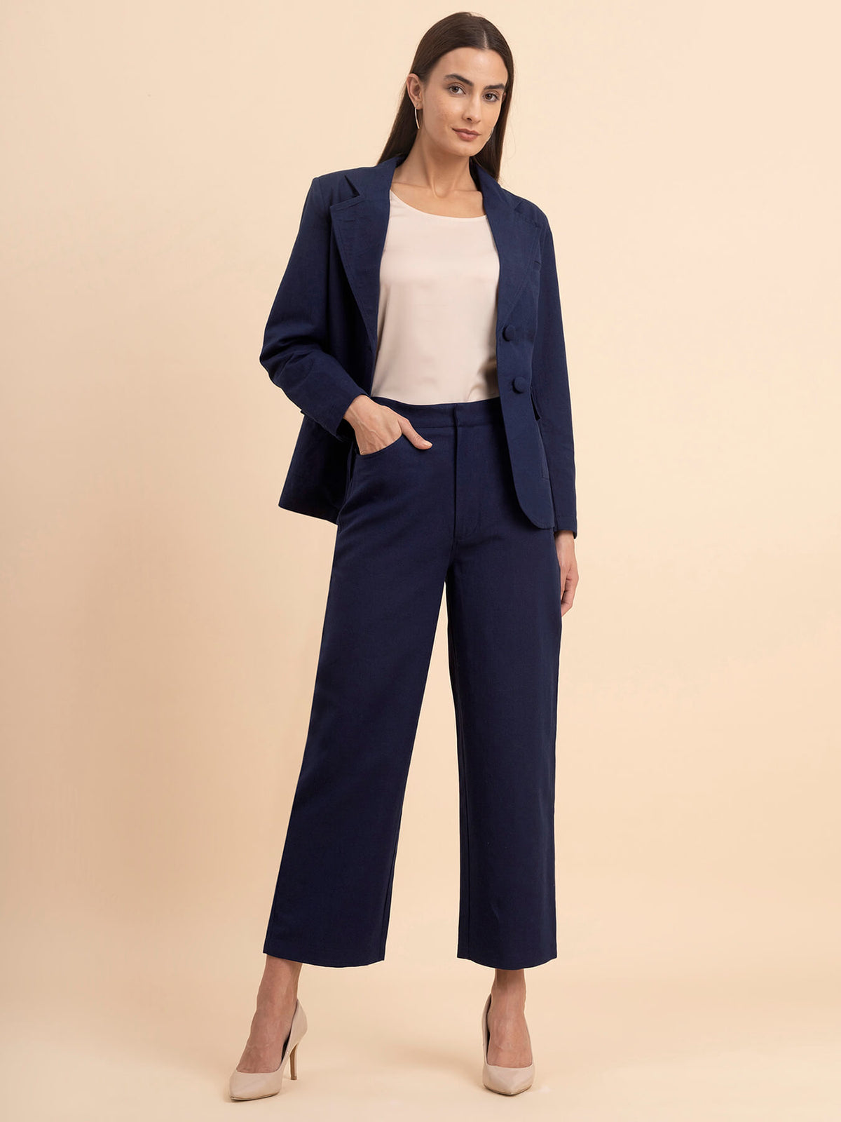 Linen Blazer and Trousers Co-ord - Navy Blue