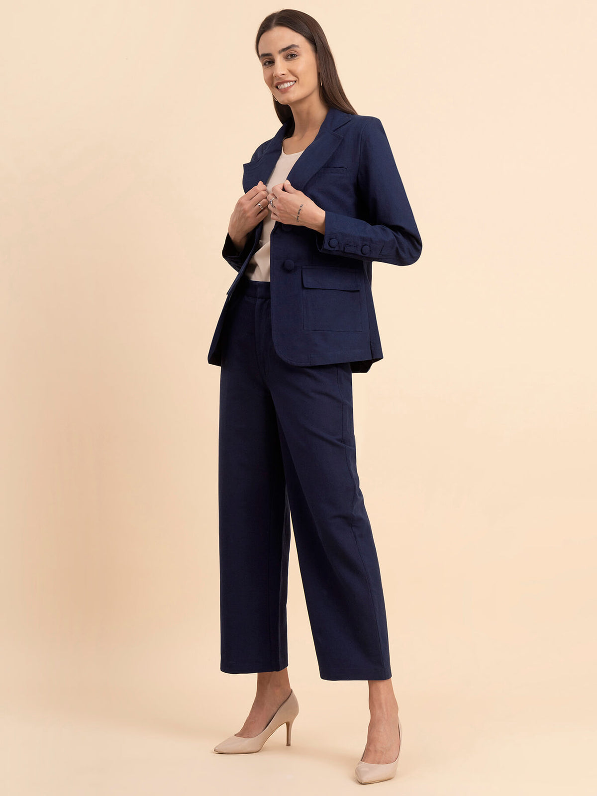 Linen Blazer and Trousers Co-ord - Navy Blue