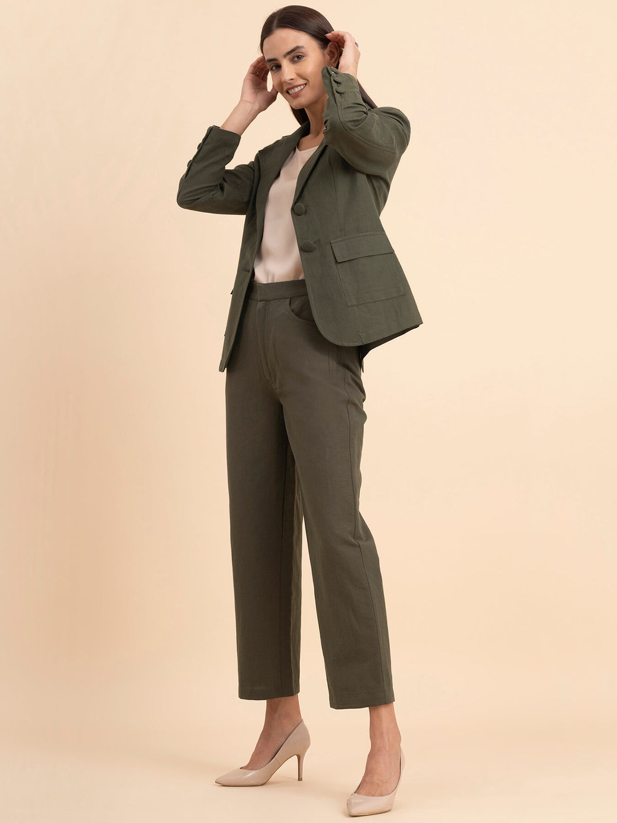 Linen Blazer and Trousers Co-ord - Olive
