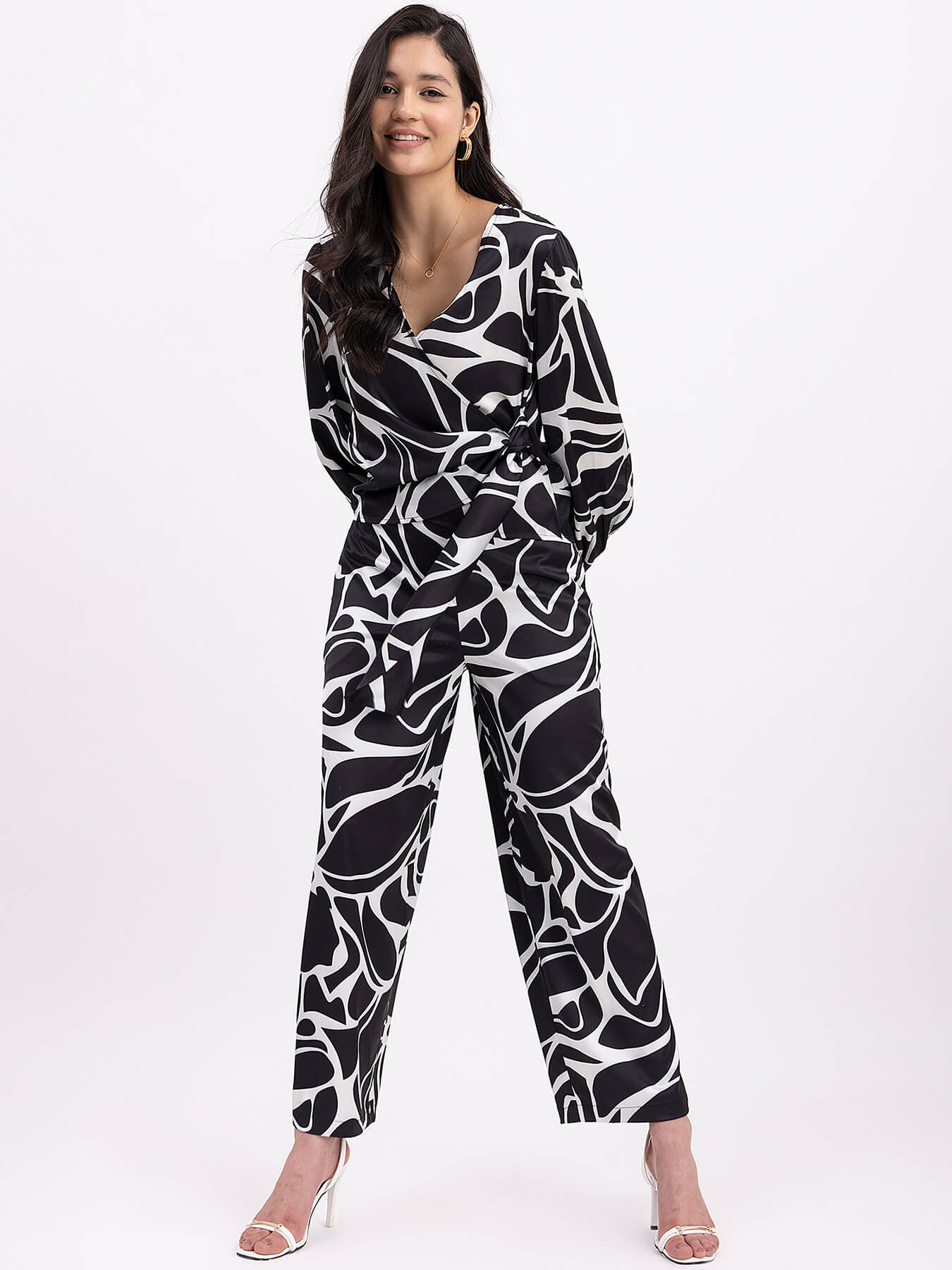 Satin Floral Wrap Top And Pants Co-ord - Black And White