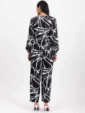 Satin Floral Wrap Top And Pants Co-ord - Black And White