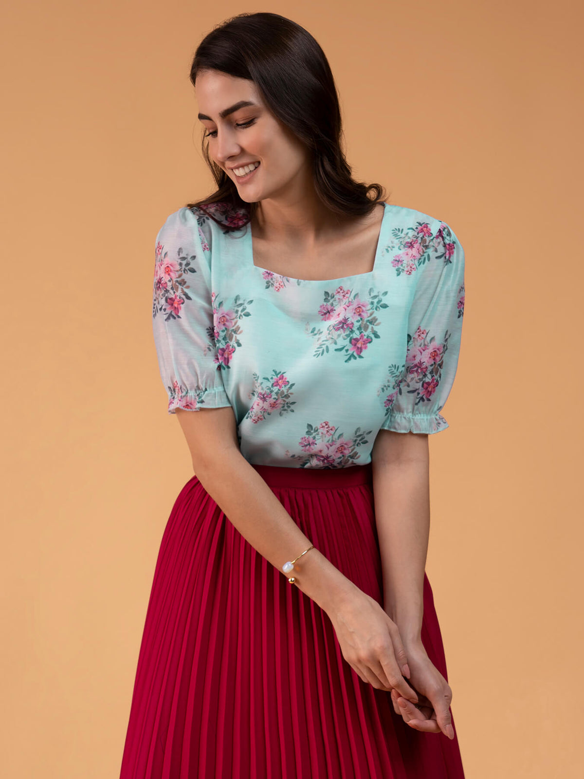 Chanderi Square Neck Floral Print Puff Sleeve Top - Aqua