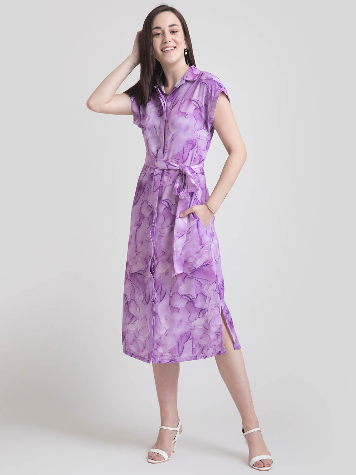Collared Marble Print Shirt Dress - Lilac