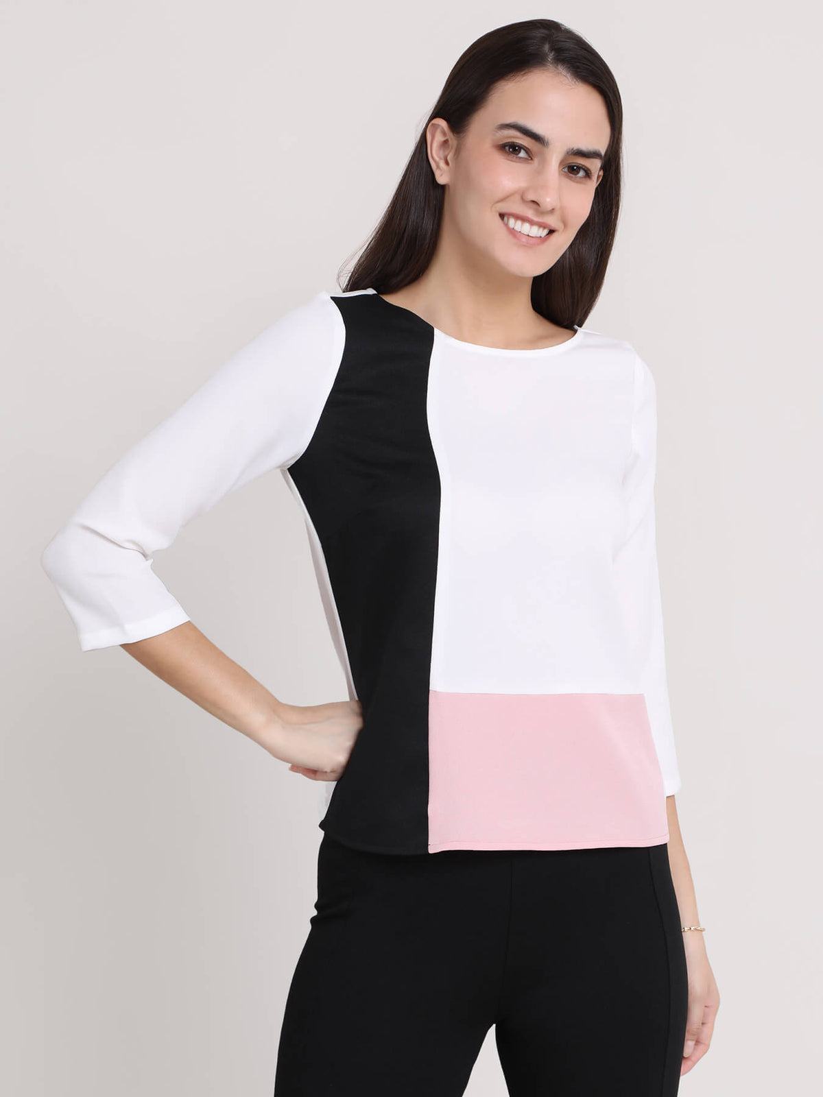 Color Block Round Neck Top - Pink, White and Black