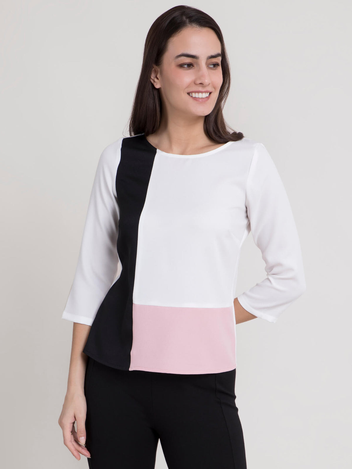 Color Block Round Neck Top - Pink, White and Black