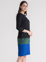 Colour Block Shift Dress - Blue, Black, and Green