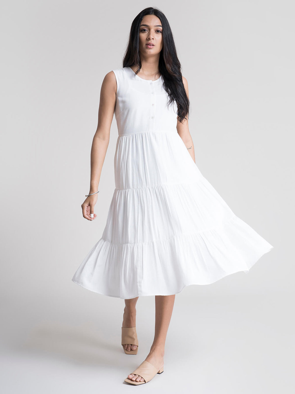 Cotton 3 Tiered A-Line Dress - White