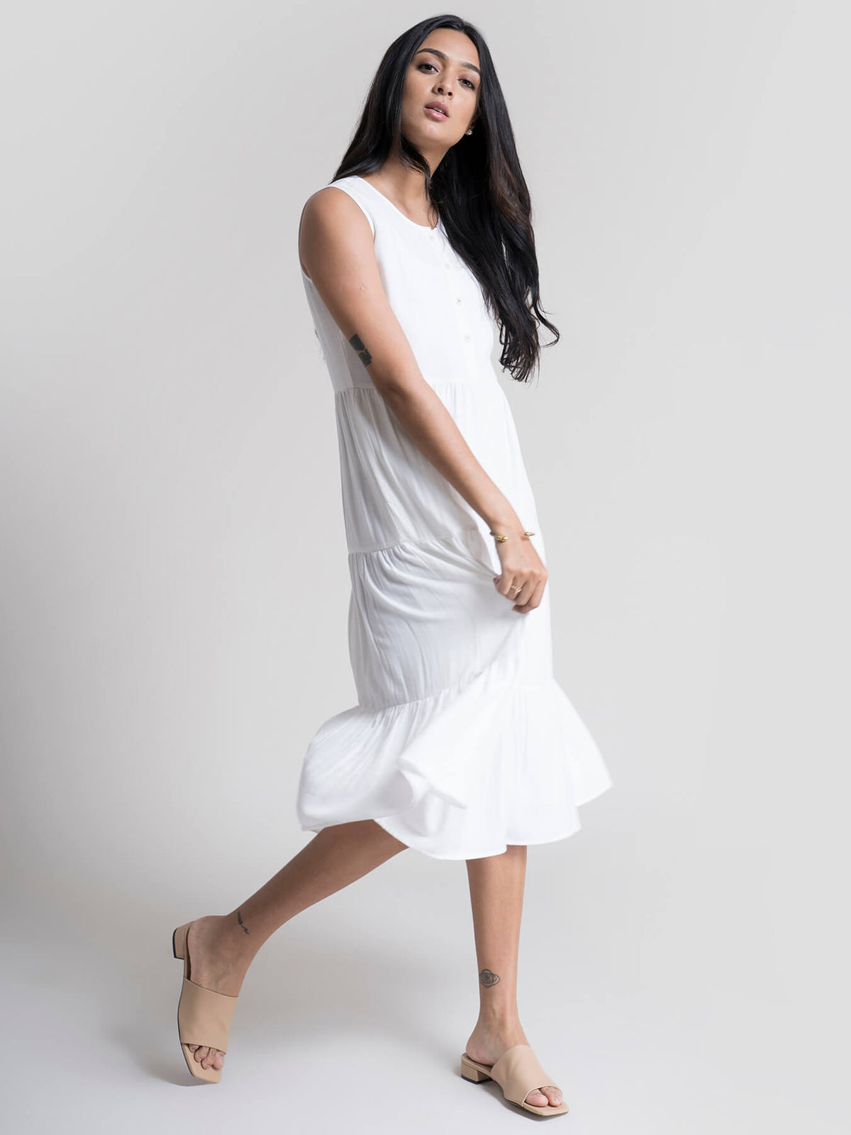 Cotton 3 Tiered A-Line Dress - White