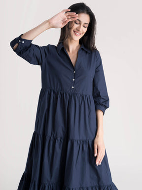 Cotton 3 Tiered Dress - Navy Blue