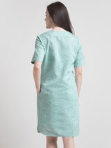 Cotton Chambray V Neck Straight Dress - Green