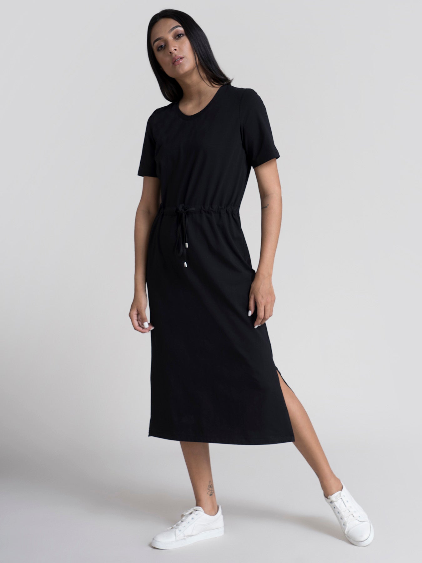 Cotton Drawstring Knitted Dress - Black