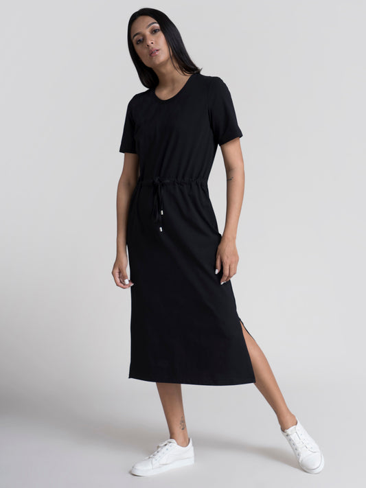 Cotton Drawstring Knitted Dress - Black