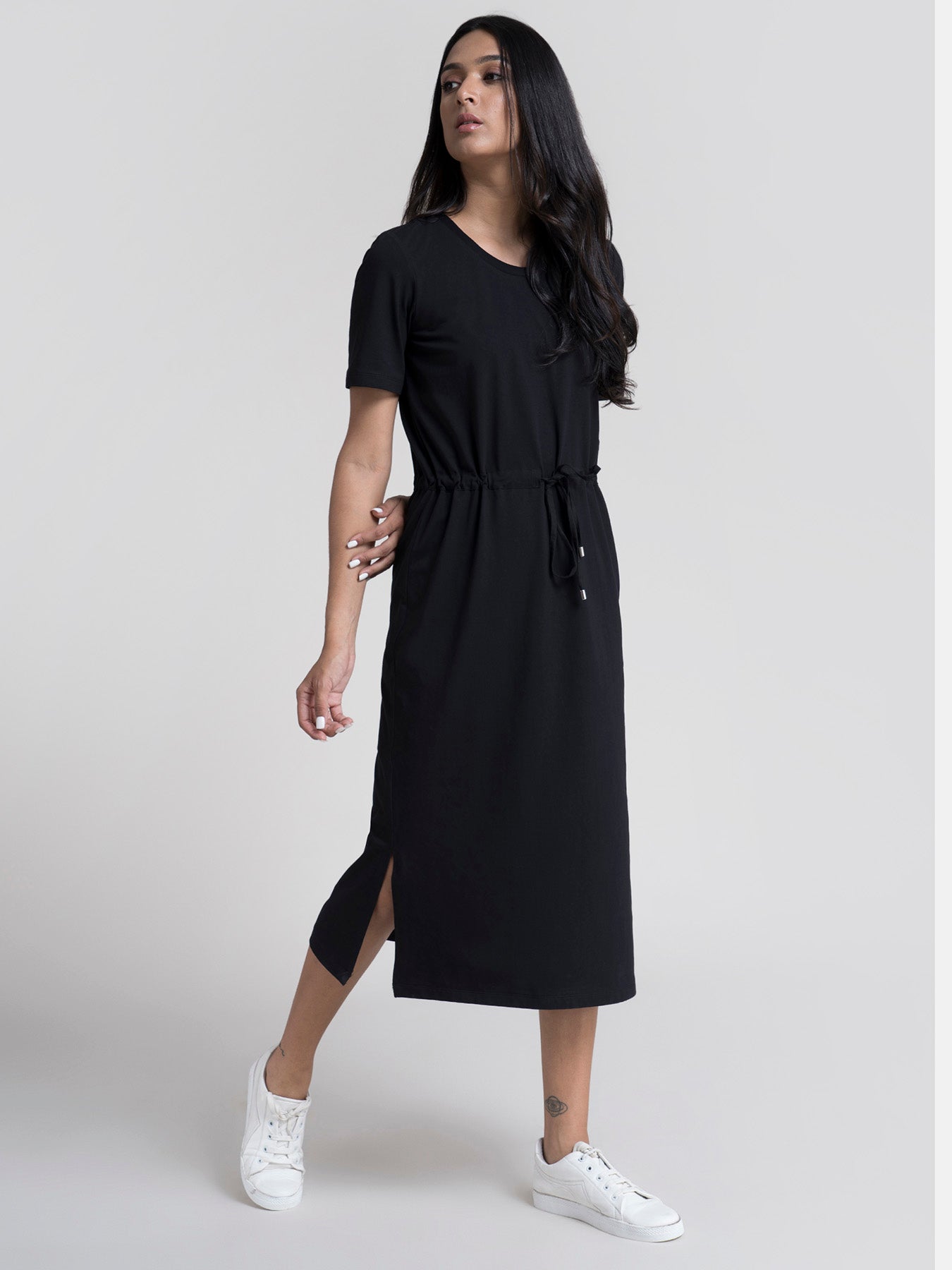 Cotton Drawstring Knitted Dress - Black
