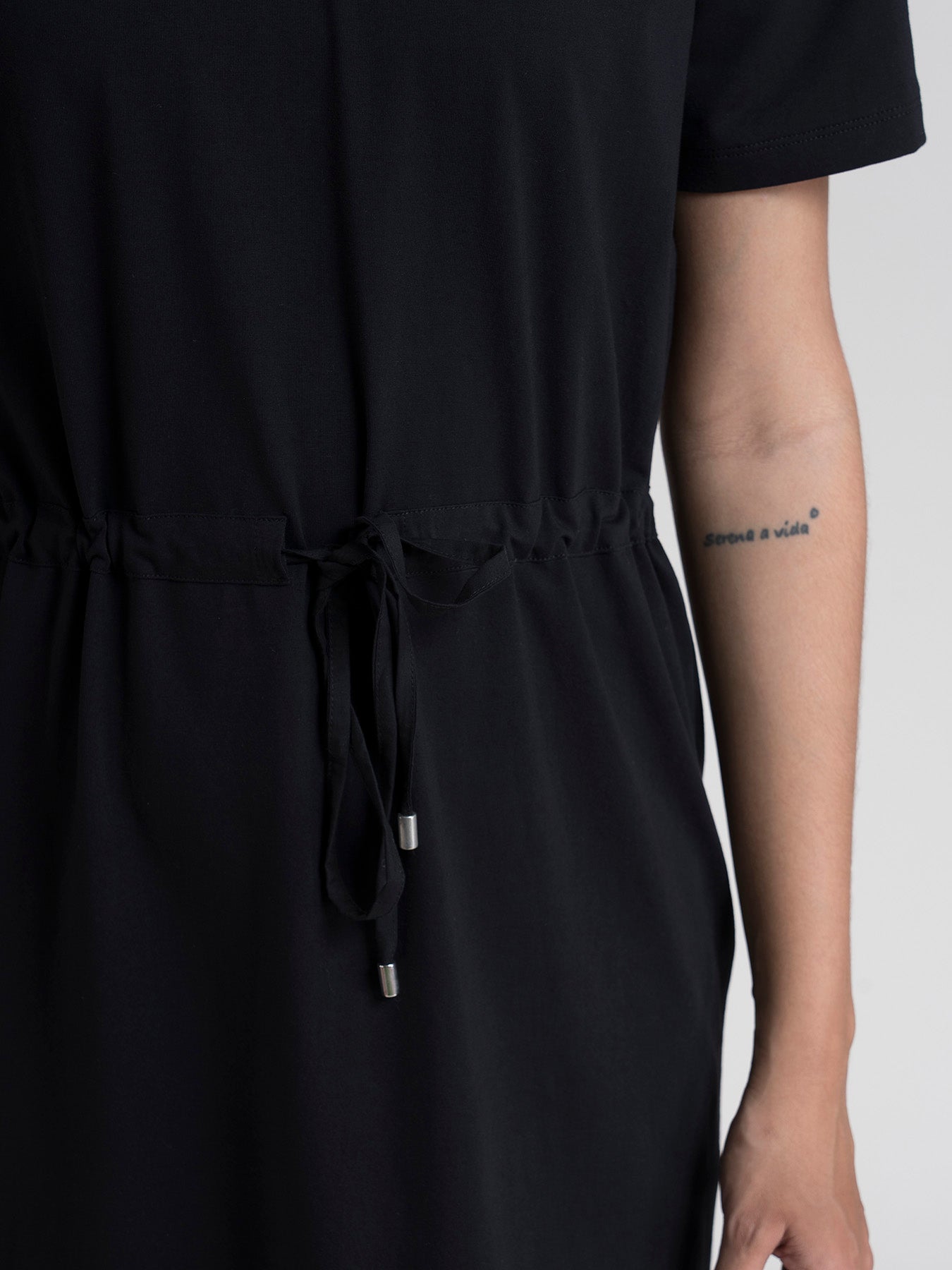 Cotton Drawstring Knitted Dress - Black