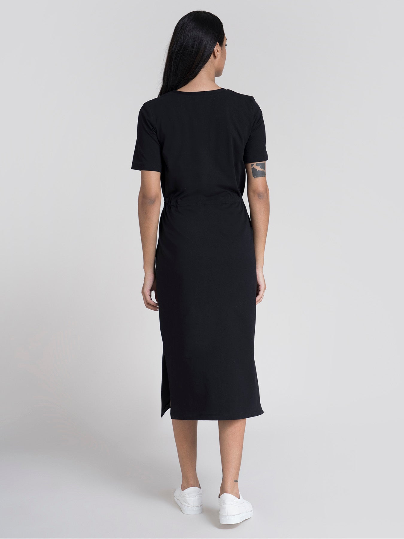 Cotton Drawstring Knitted Dress - Black