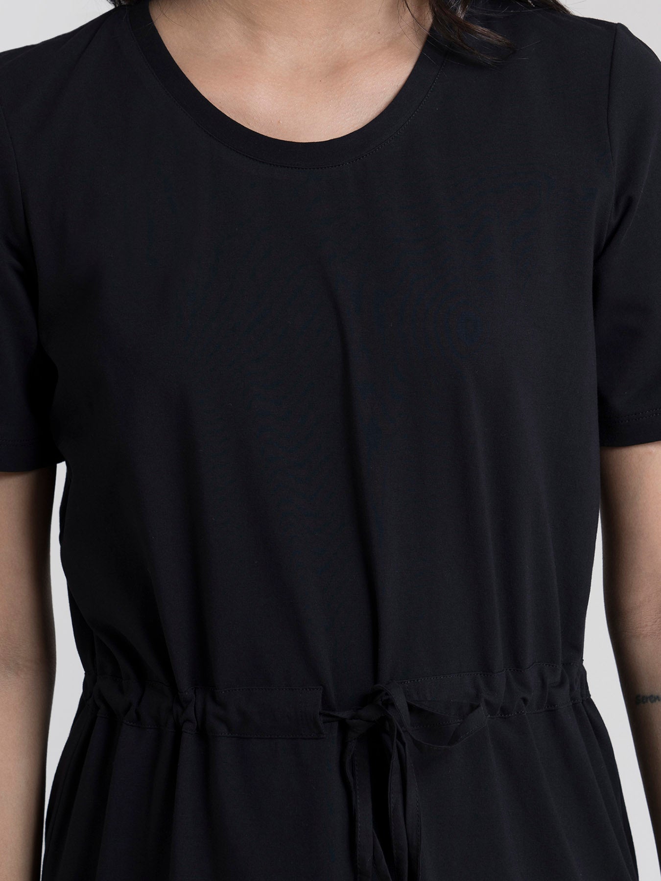 Cotton Drawstring Knitted Dress - Black