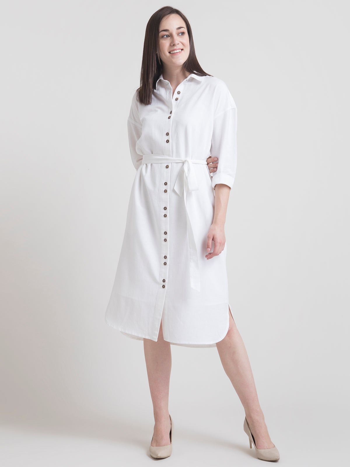 Cotton Drop Shoulder Oversized Shirt Dress - White
