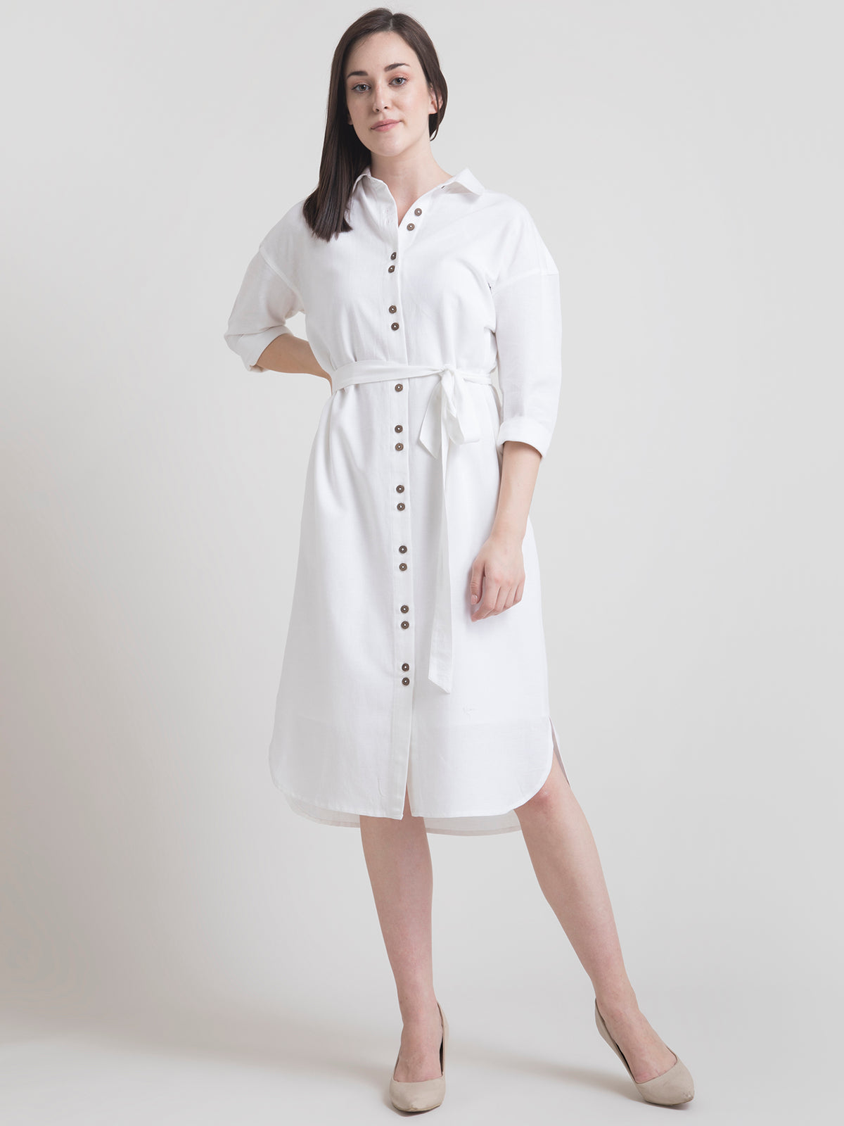 Cotton Drop Shoulder Oversized Shirt Dress - White