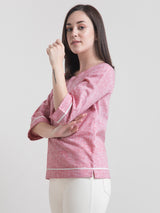 Cotton Round Neck Contrast Piping Top - Red and White