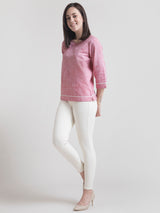 Cotton Round Neck Contrast Piping Top - Red and White