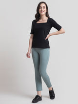 Cotton Square Neck Knitted T Shirt - Black