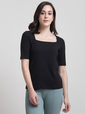 Cotton Square Neck Knitted T Shirt - Black