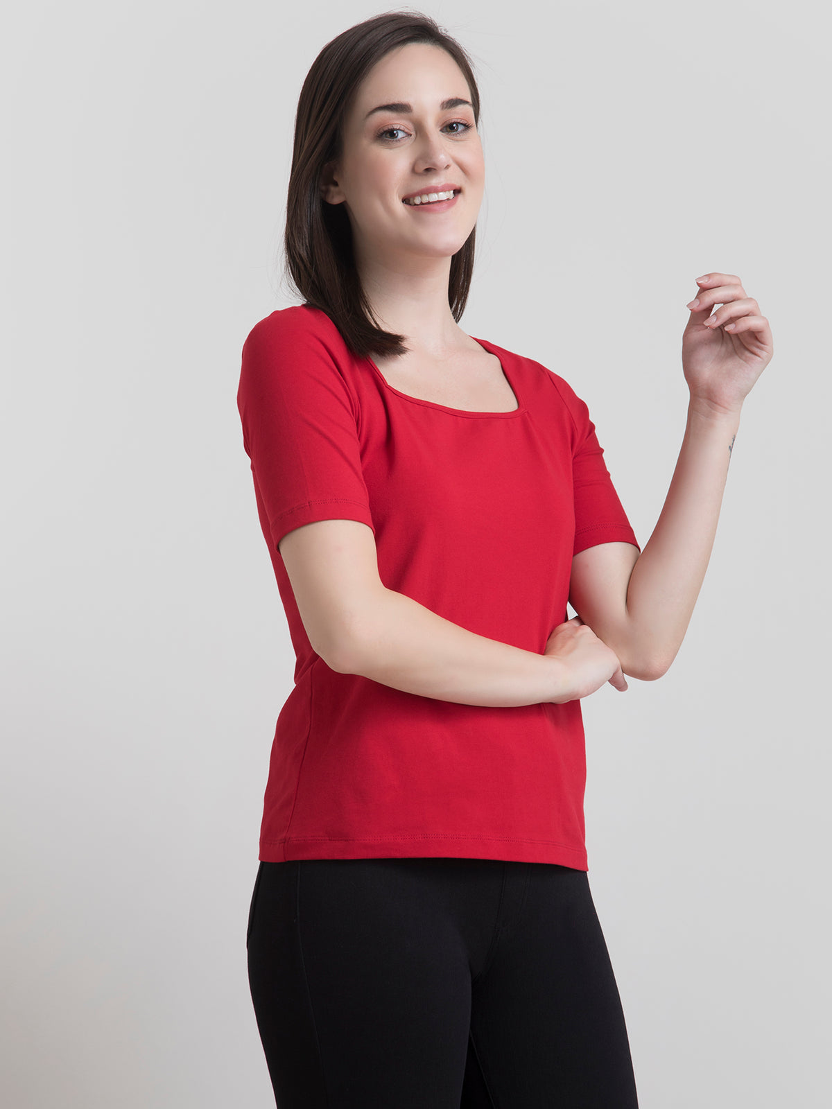 Cotton Square Neck Knitted T Shirt - Red