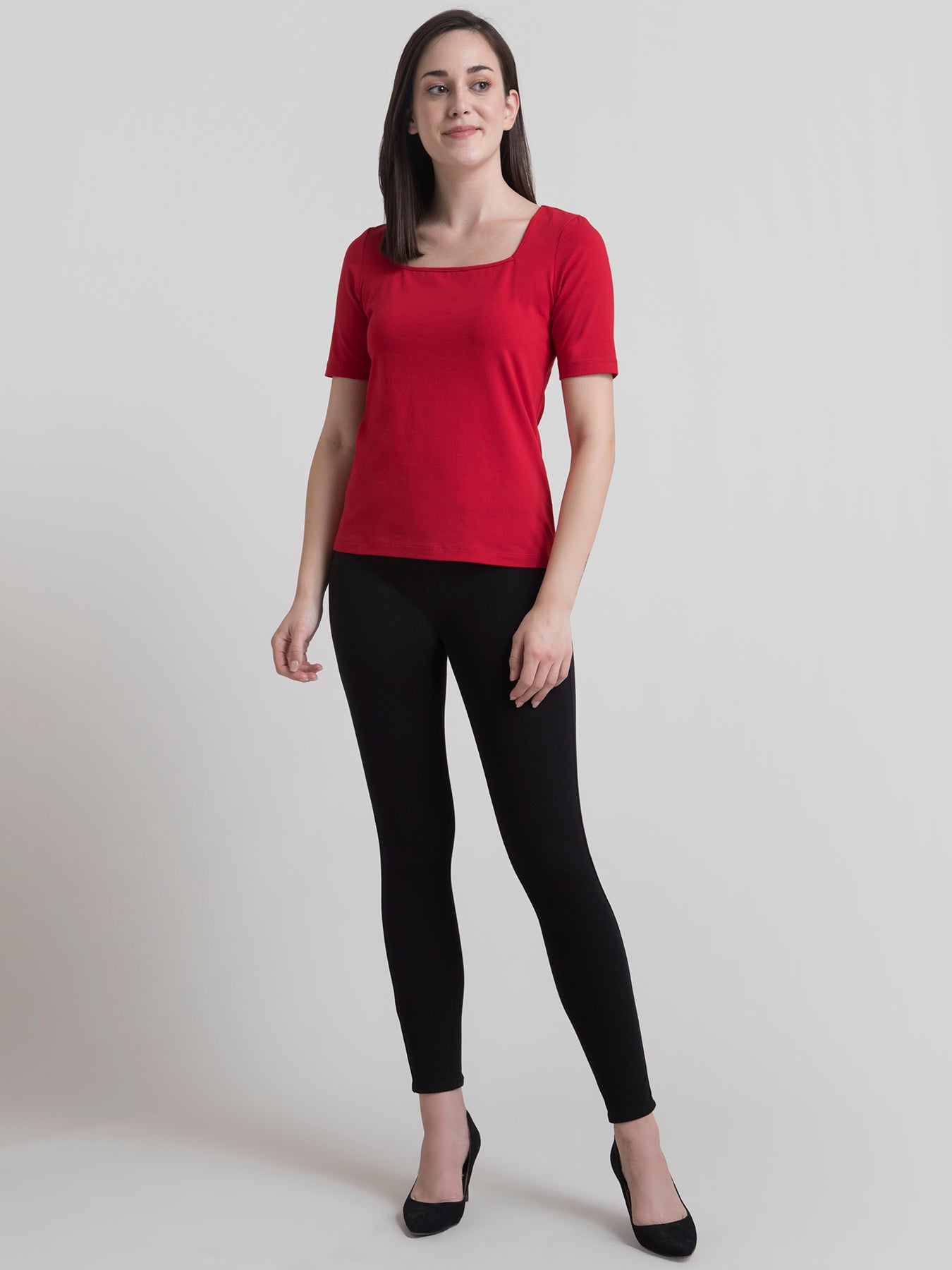 Cotton Square Neck Knitted T Shirt - Red