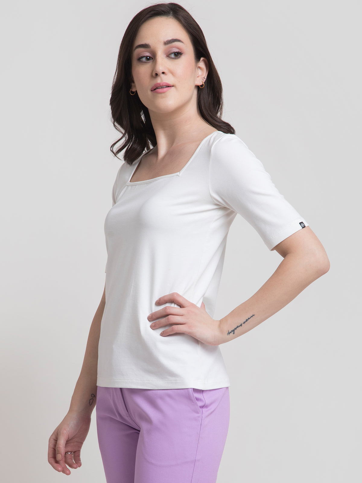 Cotton Square Neck Knitted T Shirt - White