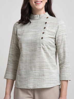 Cotton Mandarin Collar Button Detail Top - Sap Green